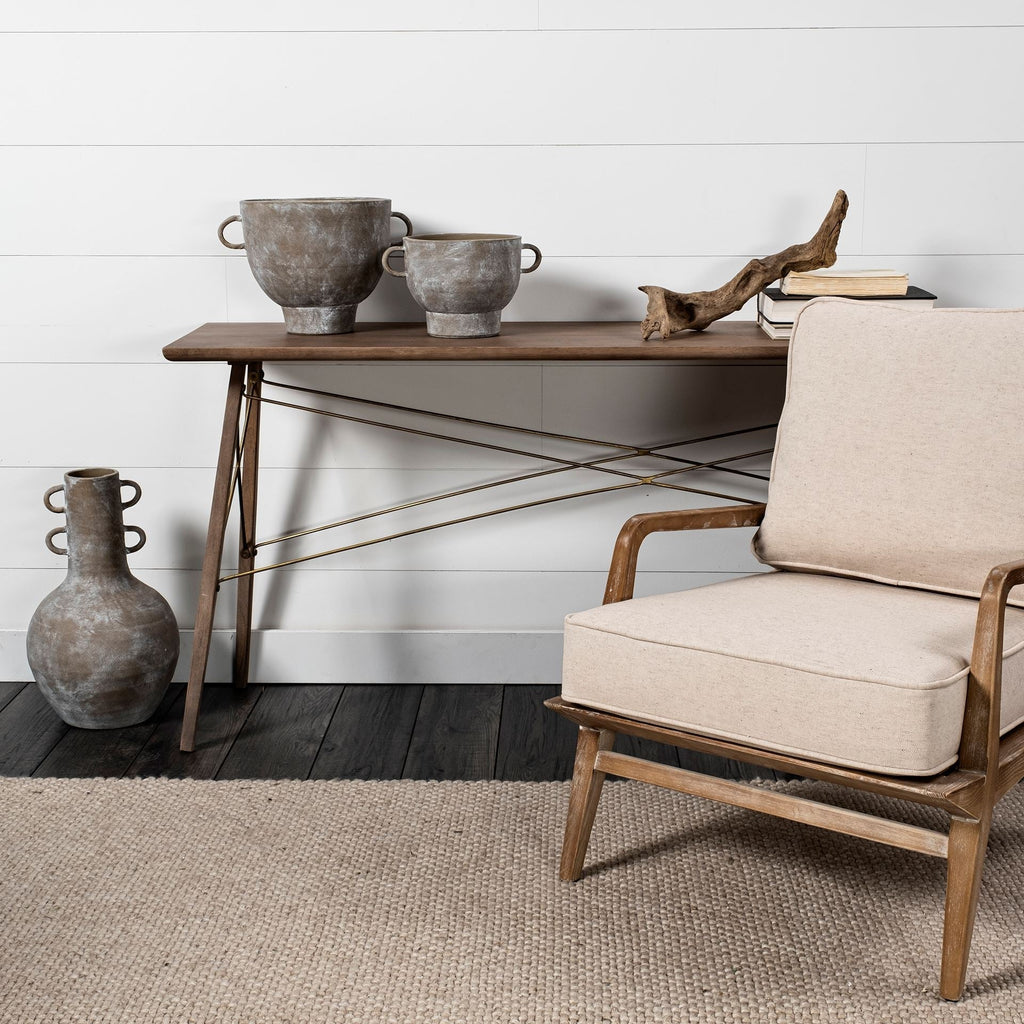 Fauteuil d'appoint rembourré en bois avec cadre de style côtier, finition naturelle, pour le salon