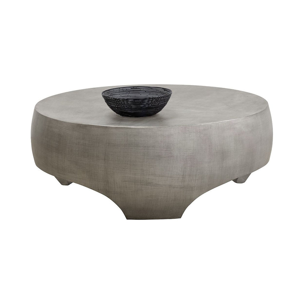 Table basse d'extérieur moderne en béton et métal avec plateau rond pour terrasse et jardin