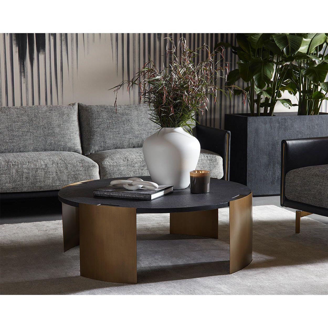 Table basse d'extérieur moderne en béton et métal avec plateau rond pour terrasse et jardin
