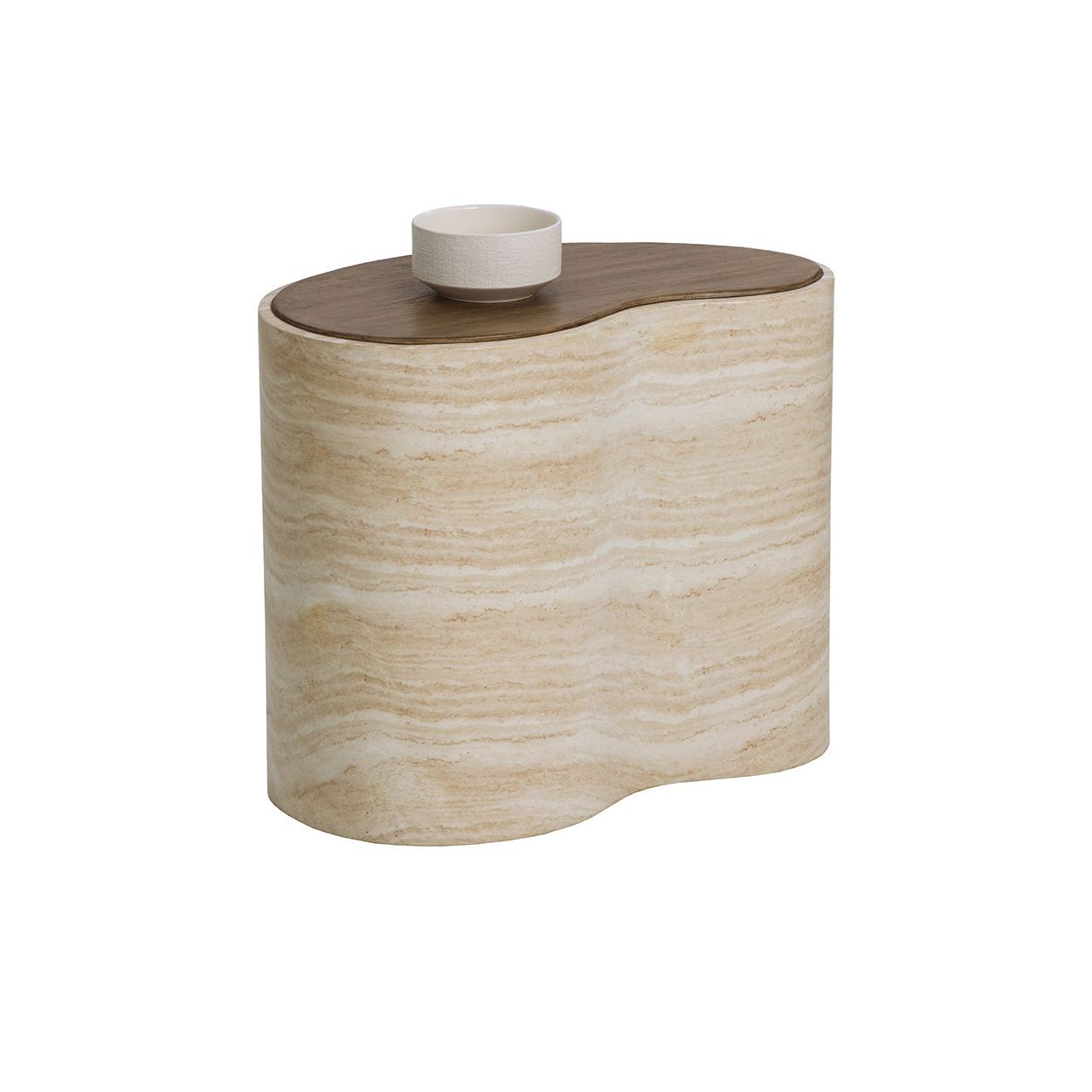 Table basse de jardin moderne en béton aspect travertin avec forme organique compacte pour balcon