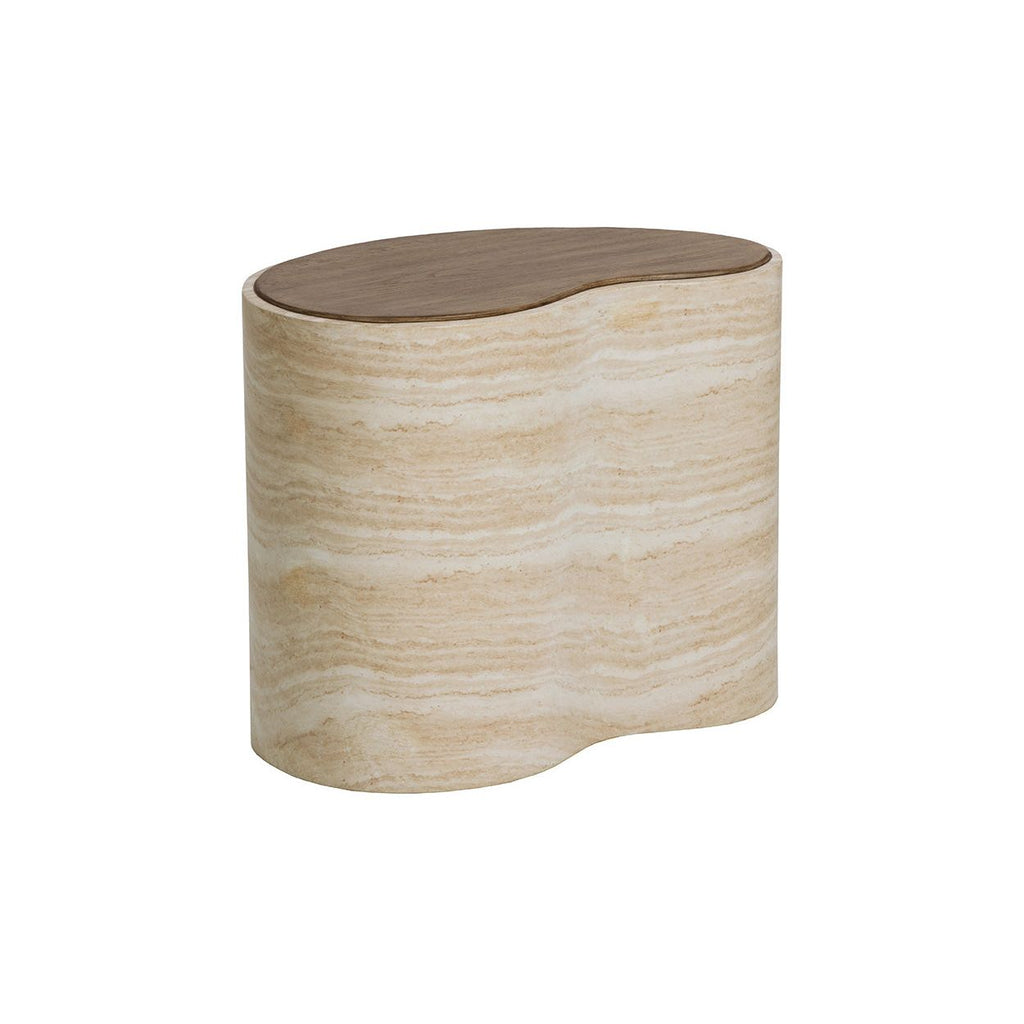Table basse de jardin moderne en béton aspect travertin avec forme organique compacte pour balcon