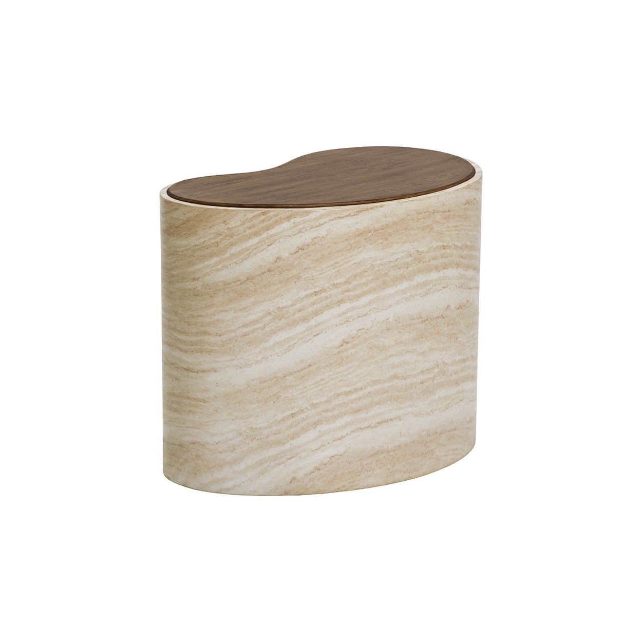 Table basse de jardin moderne en béton aspect travertin avec forme organique compacte pour balcon