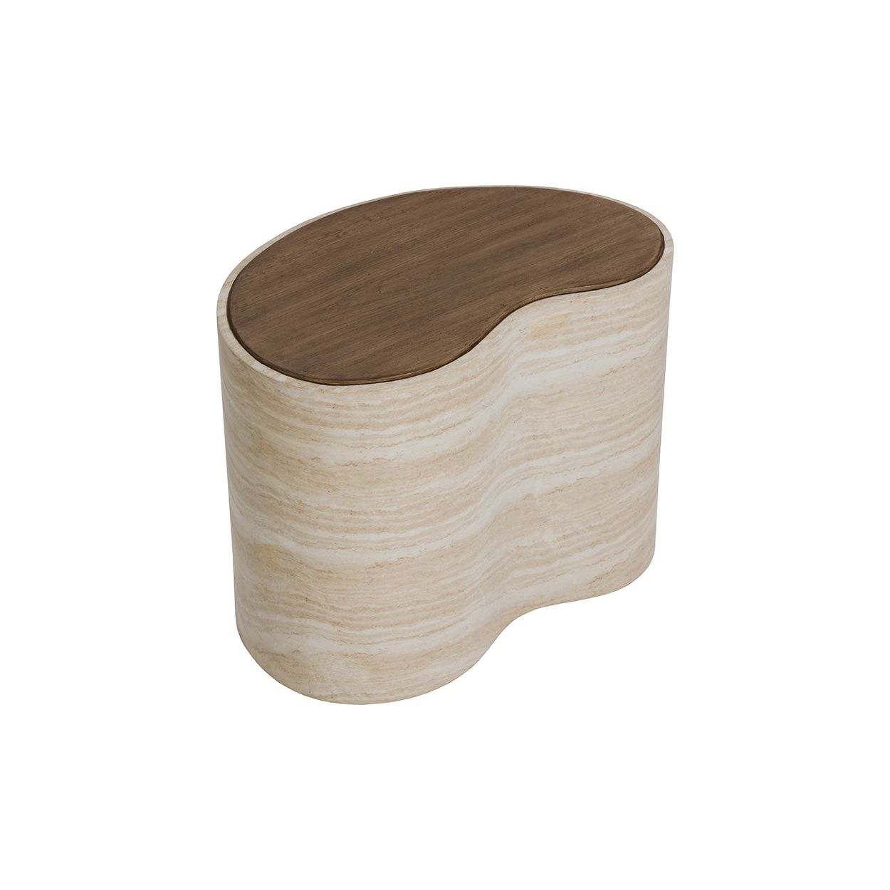 Table basse de jardin moderne en béton aspect travertin avec forme organique compacte pour balcon