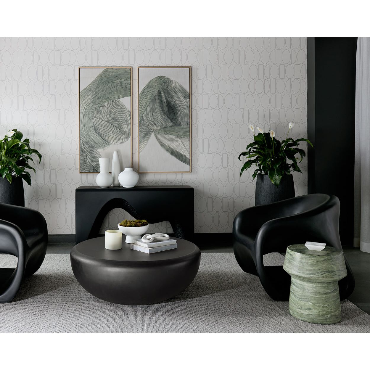 Table d'appoint d'extérieur contemporaine en béton imitation marbre avec plateau rond pour patio et salon
