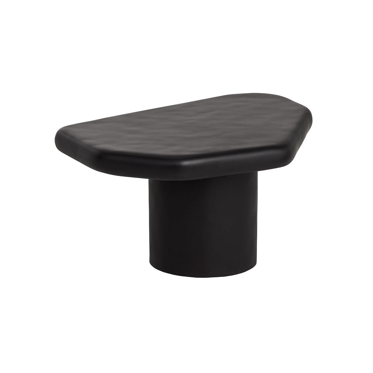 Table basse d'extérieur contemporaine en béton noir, avec une forme géométrique compacte, idéale pour un balcon.