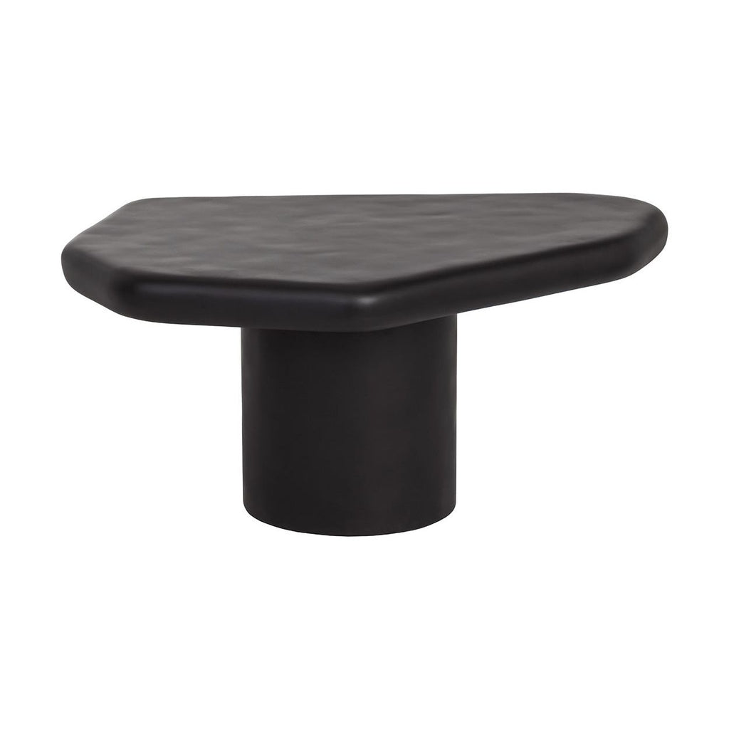 Table basse d'extérieur contemporaine en béton noir, avec une forme géométrique compacte, idéale pour un balcon.