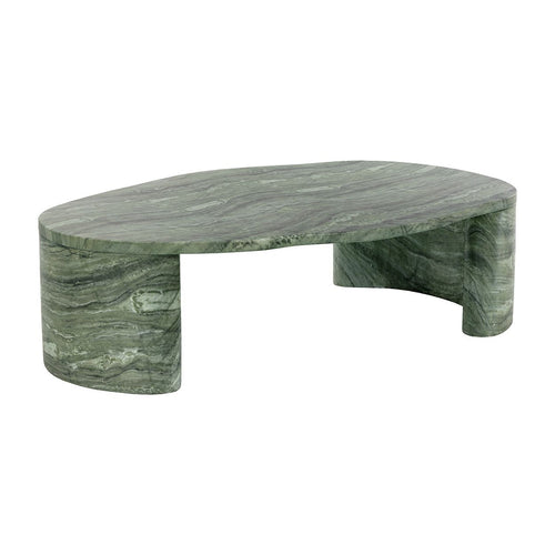 Table basse d'extérieur contemporaine en faux marbre avec plateau ovale aux formes organiques pour terrasse