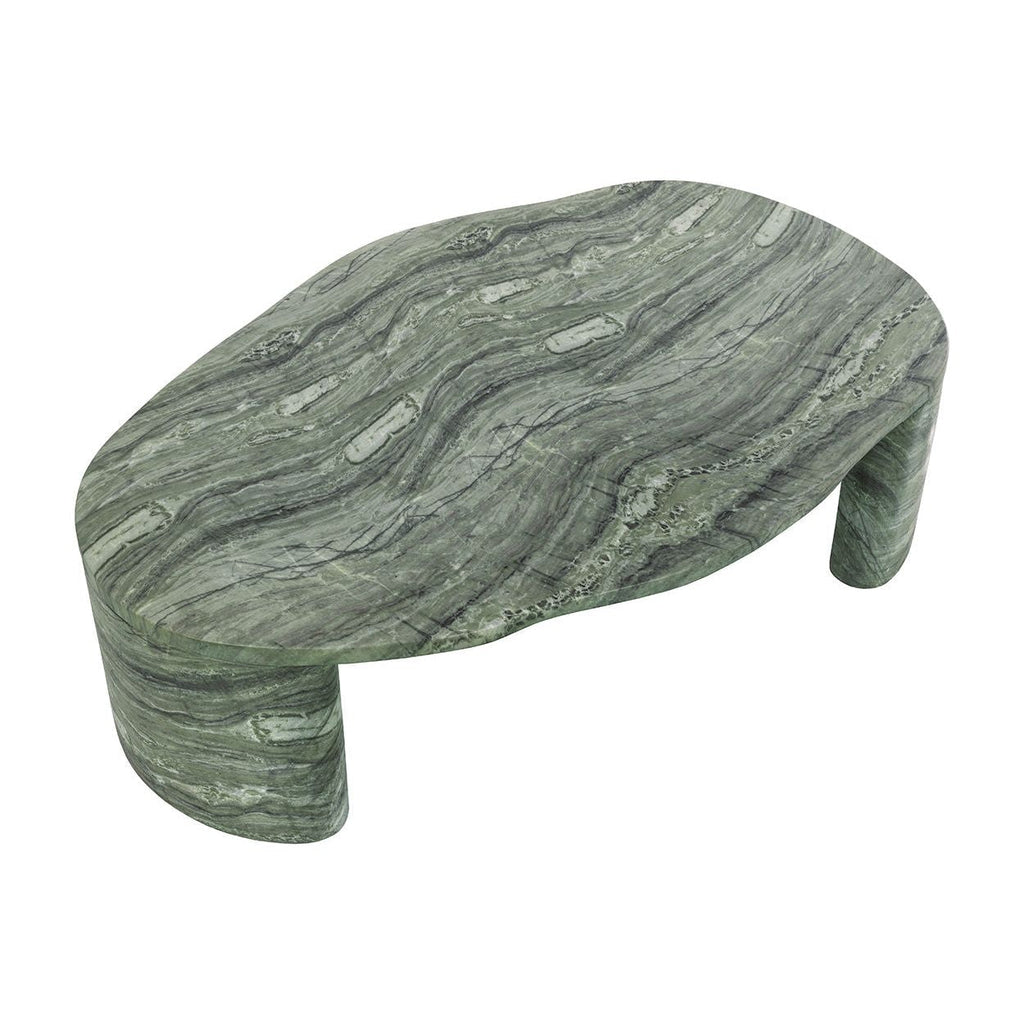 Table basse d'extérieur contemporaine en faux marbre avec plateau ovale aux formes organiques pour terrasse