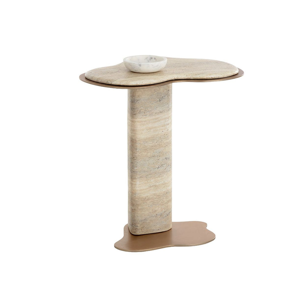 Table d'appoint d'extérieur en béton et métal d'aspect travertin moderne avec forme organique pour terrasse