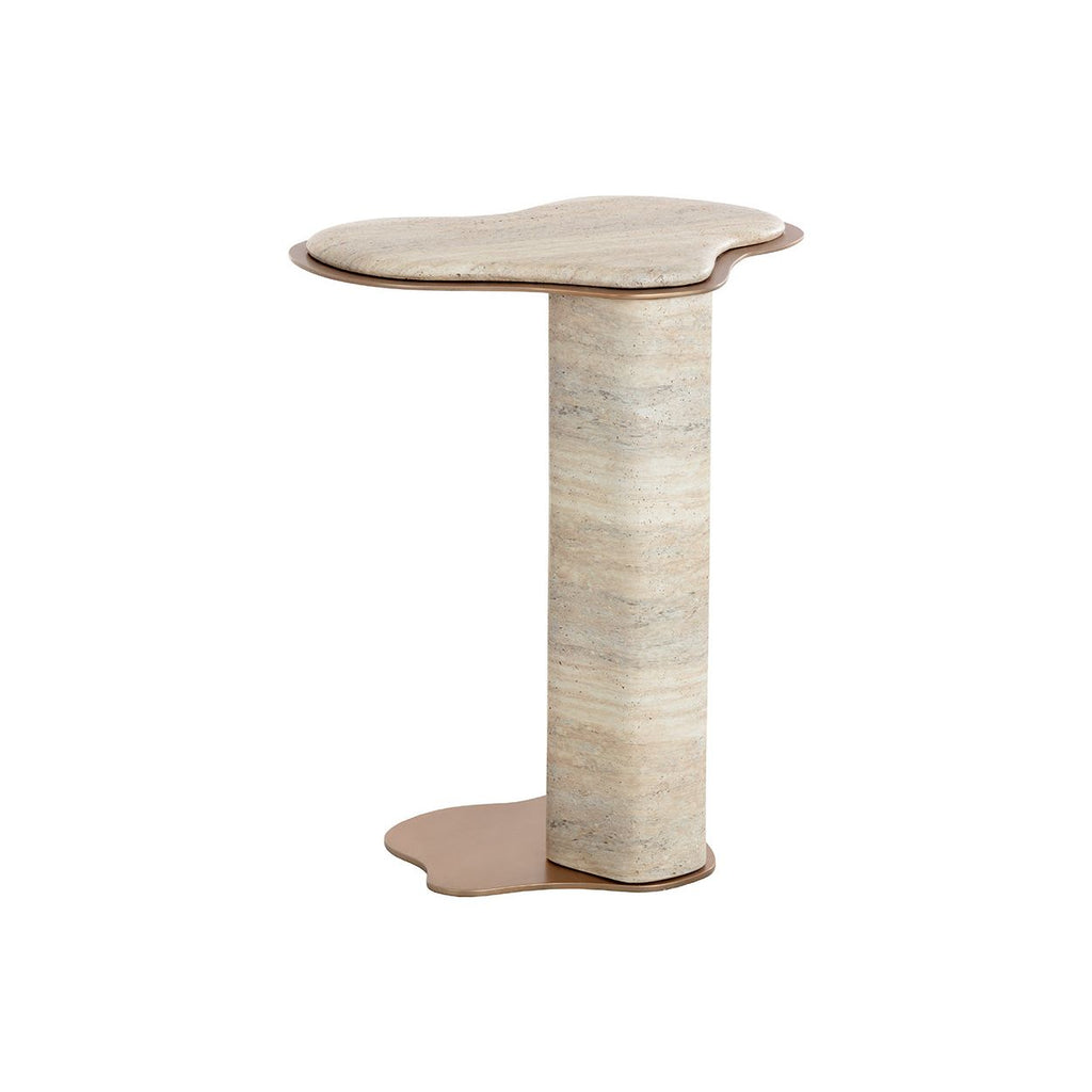 Table d'appoint d'extérieur en béton et métal d'aspect travertin moderne avec forme organique pour terrasse