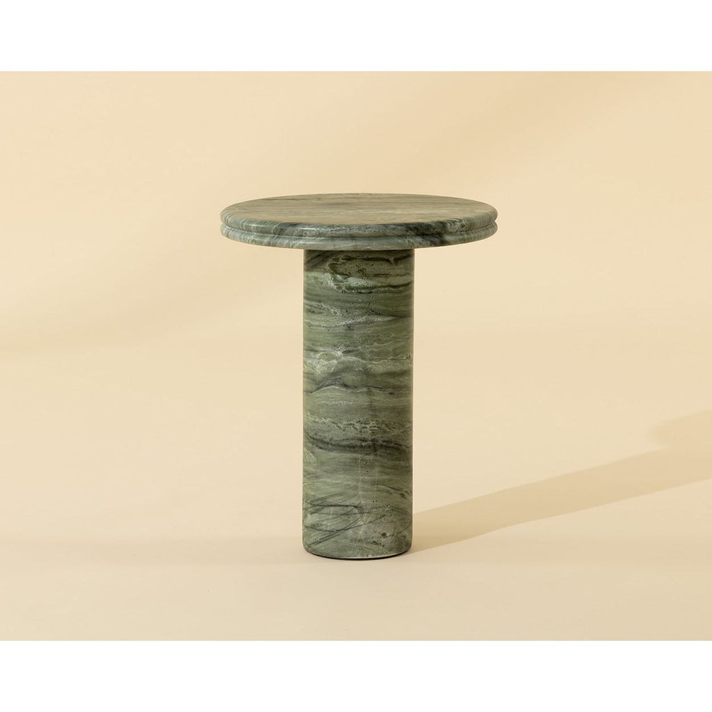 Table d'appoint d'extérieur en béton, aspect marbre vert sauge moderne, avec plateau rond pour terrasse