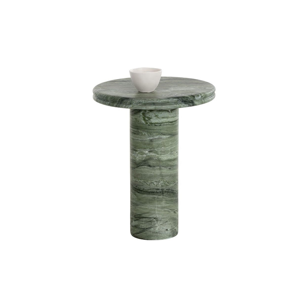 Table d'appoint d'extérieur en béton, aspect marbre vert sauge moderne, avec plateau rond pour terrasse