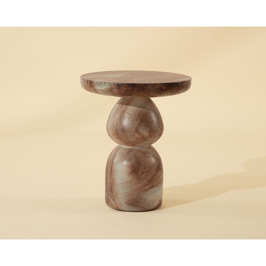 Table d'appoint d'extérieur en béton aspect marbre contemporain avec plateau rond pour terrasse