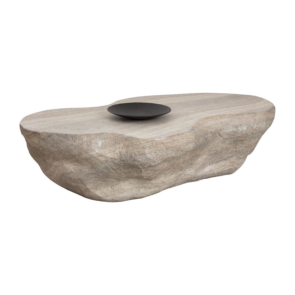 Table basse d'extérieur moderne en béton imitation travertin avec forme géométrique ovale pour patio