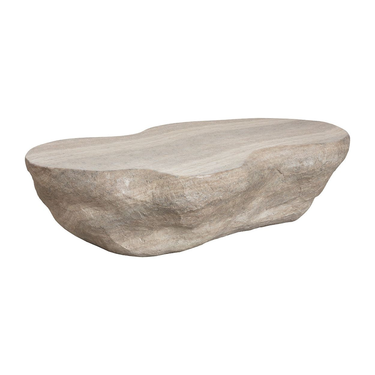 Table basse d'extérieur moderne en béton imitation travertin avec forme géométrique ovale pour patio