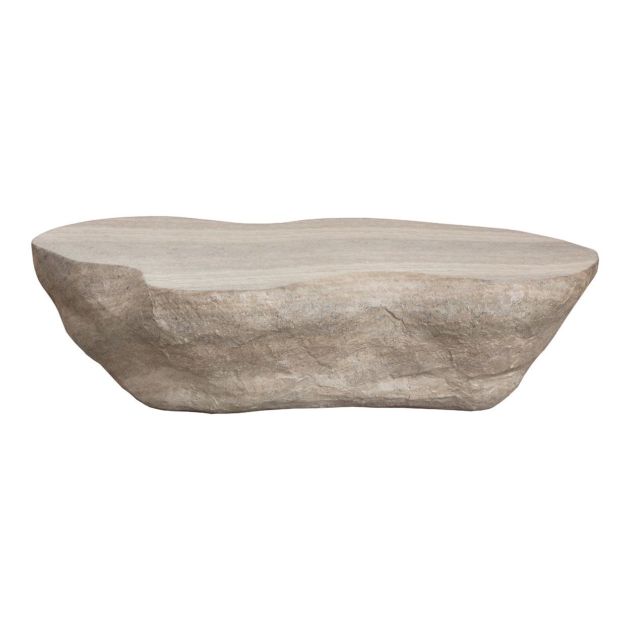 Table basse d'extérieur moderne en béton imitation travertin avec forme géométrique ovale pour patio