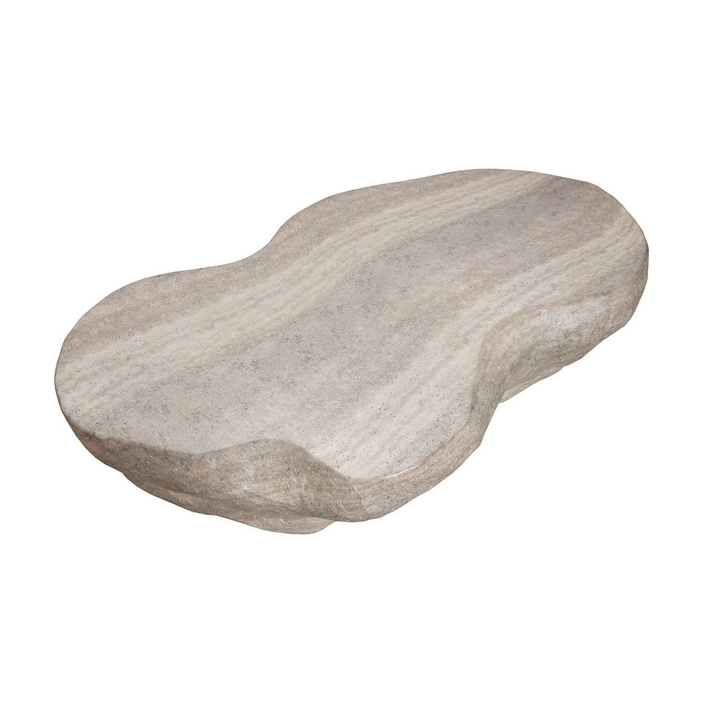 Table basse d'extérieur moderne en béton imitation travertin avec forme géométrique ovale pour patio