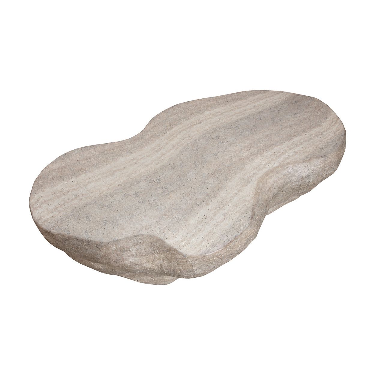 Table basse d'extérieur moderne en béton imitation travertin avec forme géométrique ovale pour patio