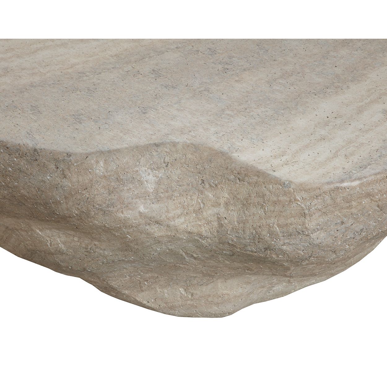 Table basse d'extérieur moderne en béton imitation travertin avec forme géométrique ovale pour patio