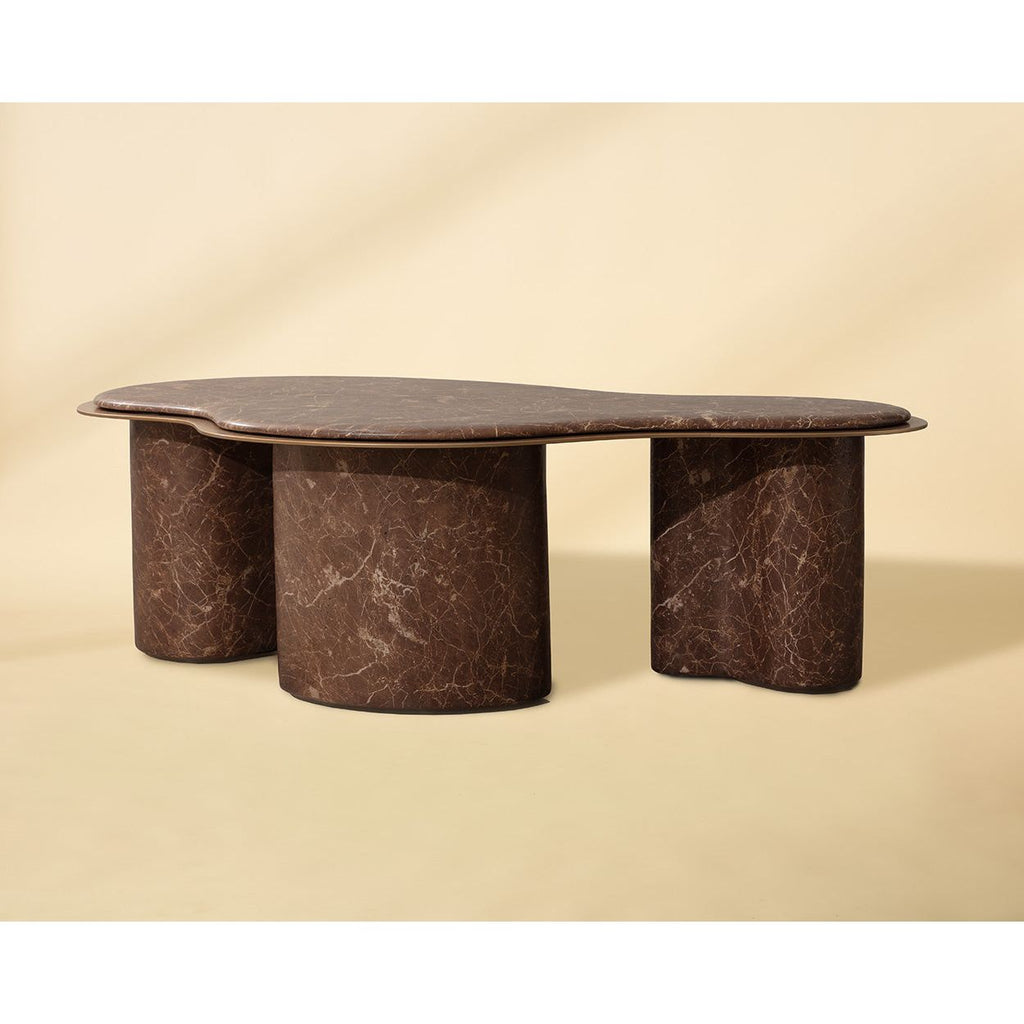Table basse d'extérieur moderne en béton et métal imitation marbre, de forme organique, pour patio