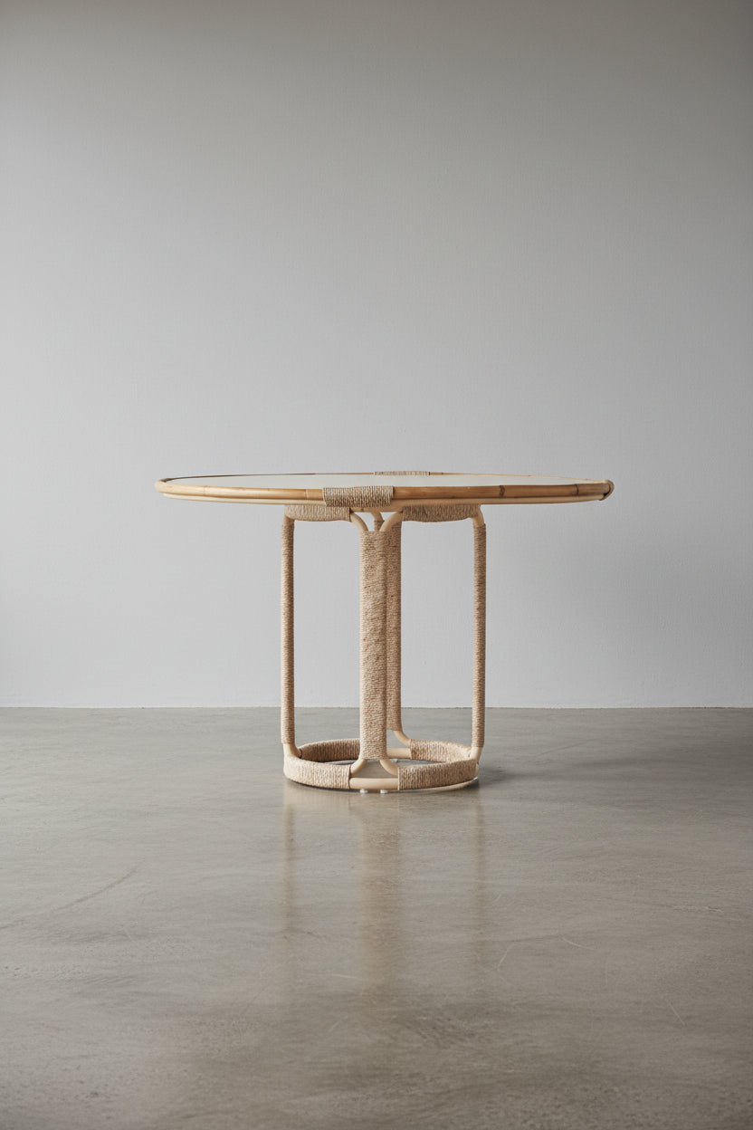 Table à manger d'intérieur/extérieur en osier naturel et verre avec cadre en métal pour salle à manger et terrasse