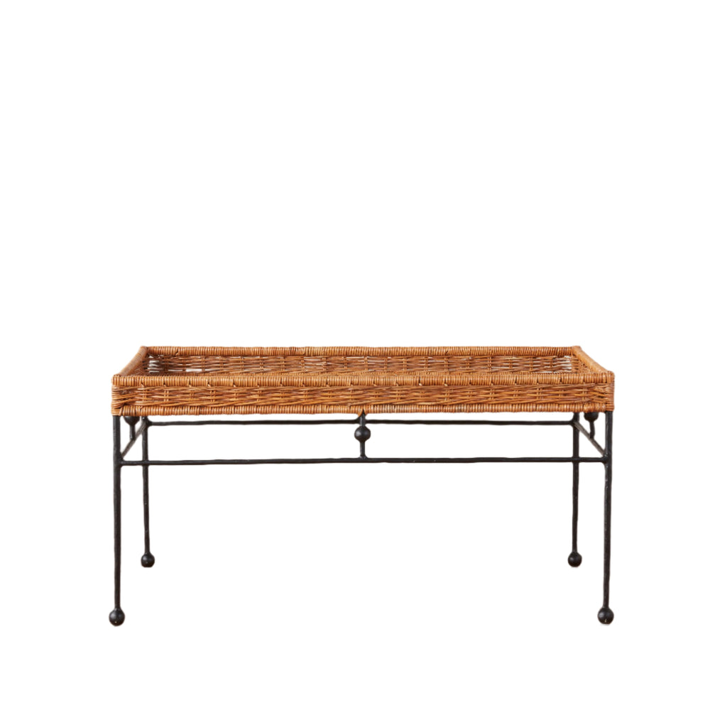 Table basse d'intérieur et d'extérieur en osier naturel et métal avec cadre rectangulaire pour salon et terrasse