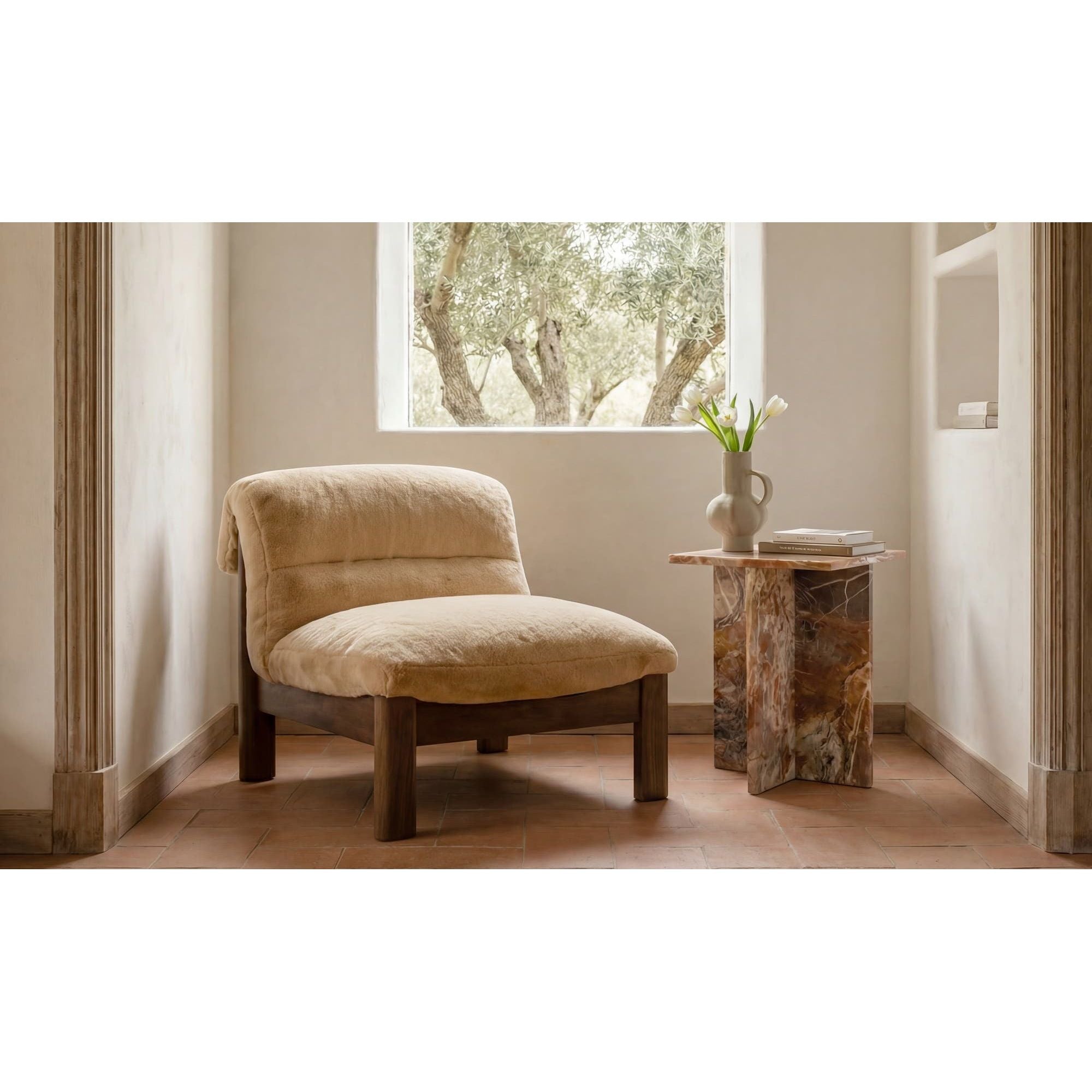 Fauteuil d'appoint moderne rembourré et en bois avec cadre en bois naturel pour salon