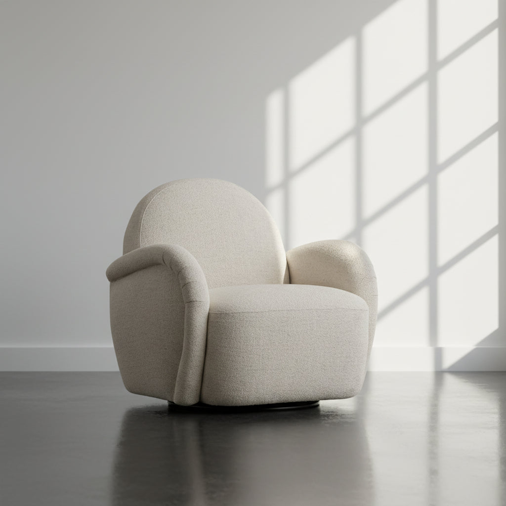 Fauteuil d'appoint pivotant moderne en tissu et bois avec assise coussinée pour salon