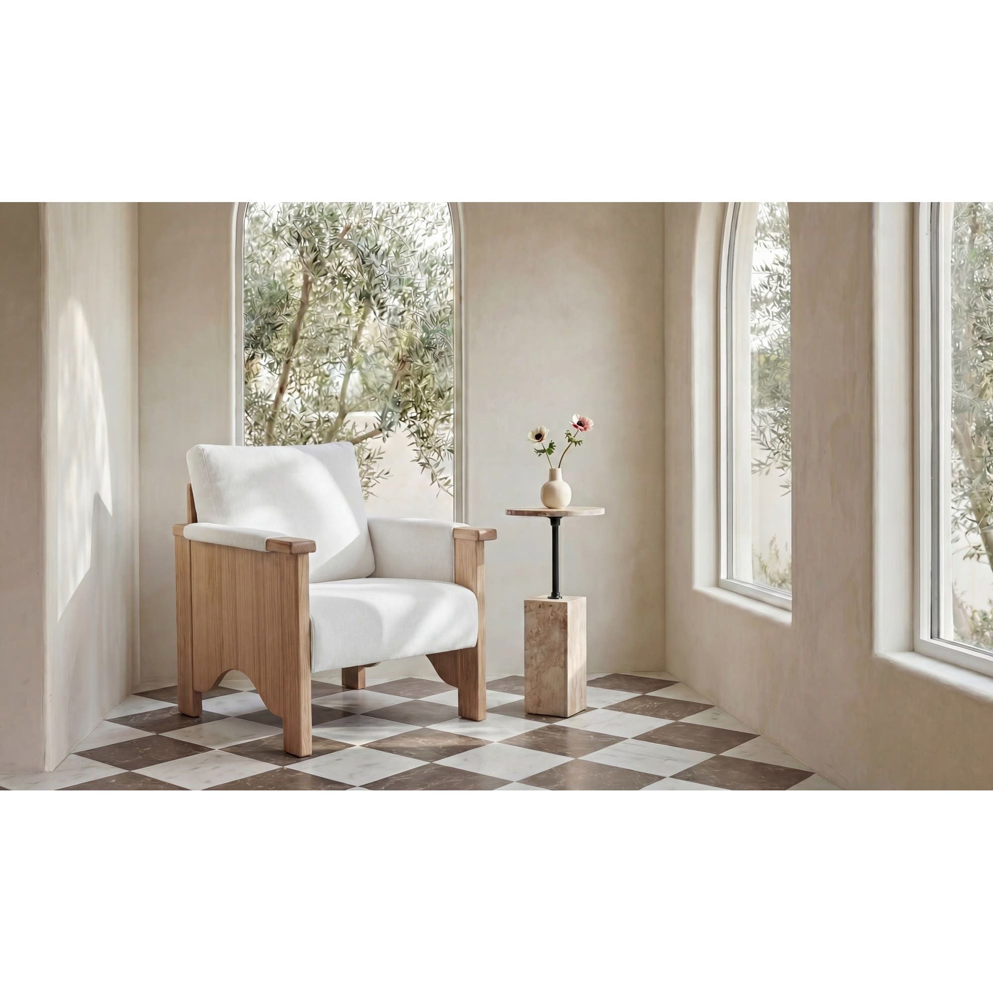 Fauteuil d'appoint transitionnel en bois et tissu avec assise rembourrée pour salon