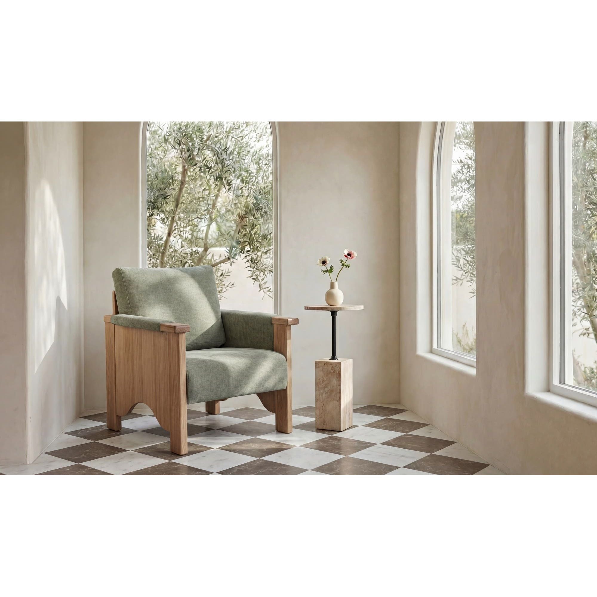 Fauteuil d'appoint transitionnel en bois et tissu avec assise rembourrée pour salon