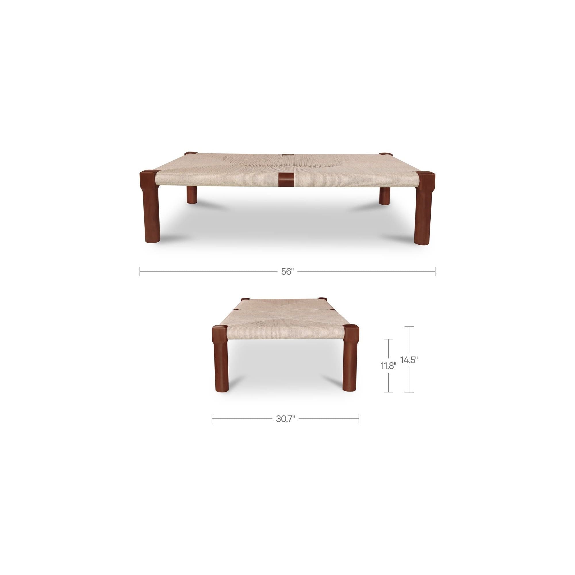 Table basse d'extérieur en osier et bois naturel avec cadre rectangulaire pour terrasse et jardin
