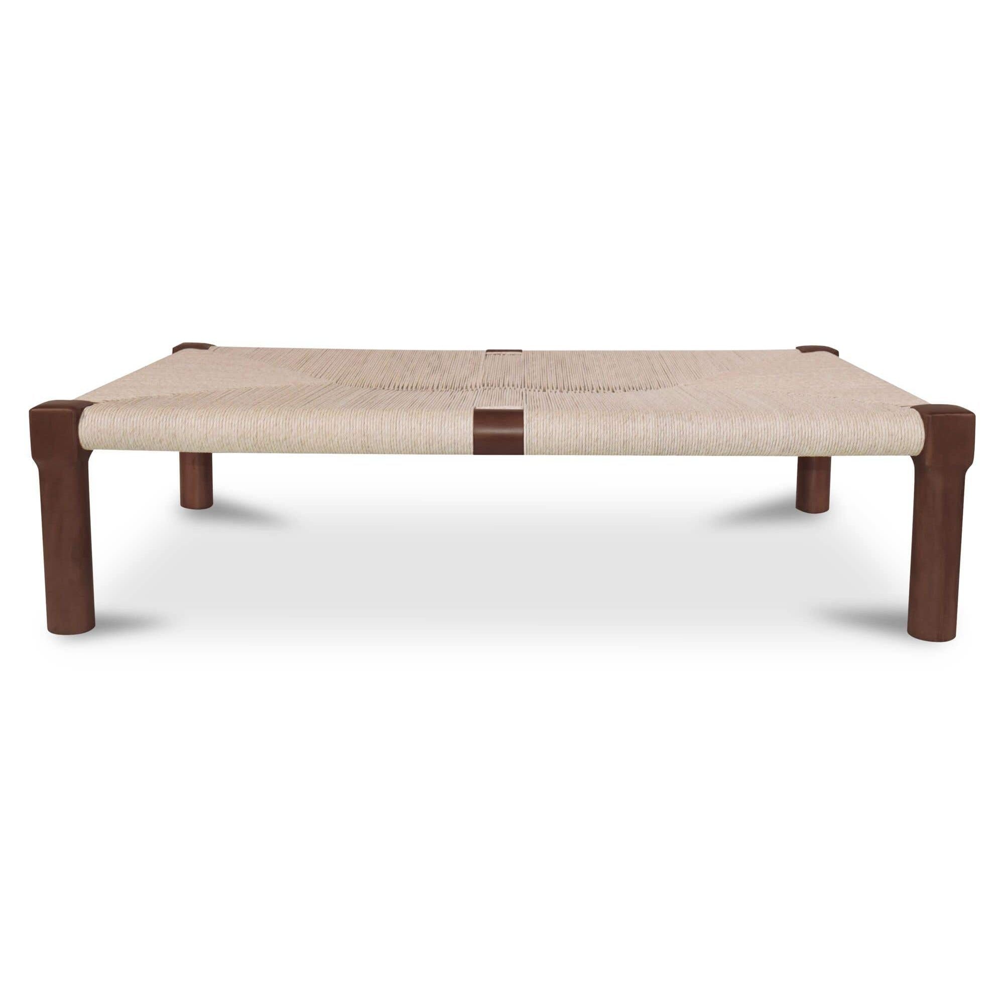 Table basse d'extérieur en osier et bois naturel avec cadre rectangulaire pour terrasse et jardin