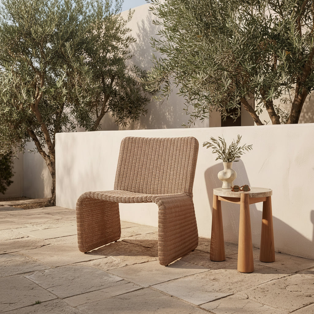 Fauteuil d'appoint moderne en osier et métal avec assise rembourrée pour terrasse et salon