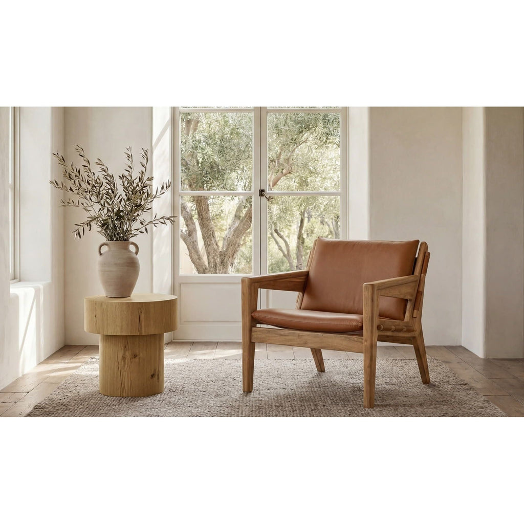 Fauteuil d'appoint mi-siècle en cuir et bois avec cadre en bois massif pour salon
