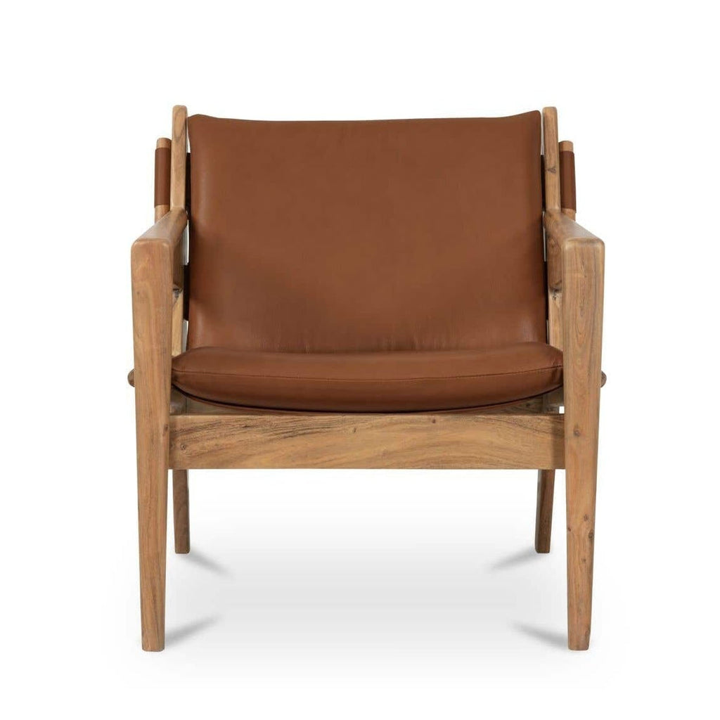 Fauteuil d'appoint mi-siècle en cuir et bois avec cadre en bois massif pour salon