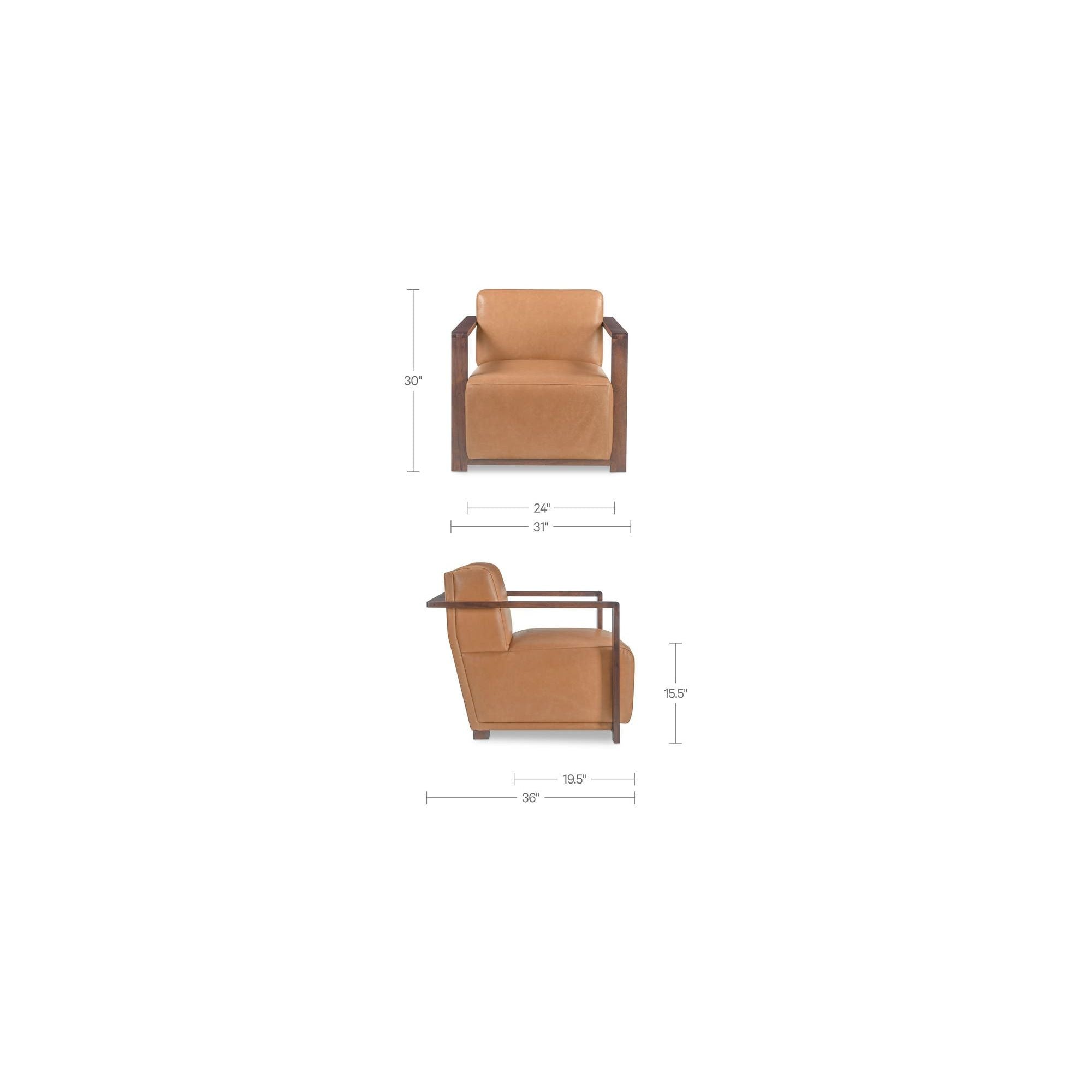 Fauteuil d'appoint transitionnel en cuir et bois avec cadre en bois naturel pour le salon