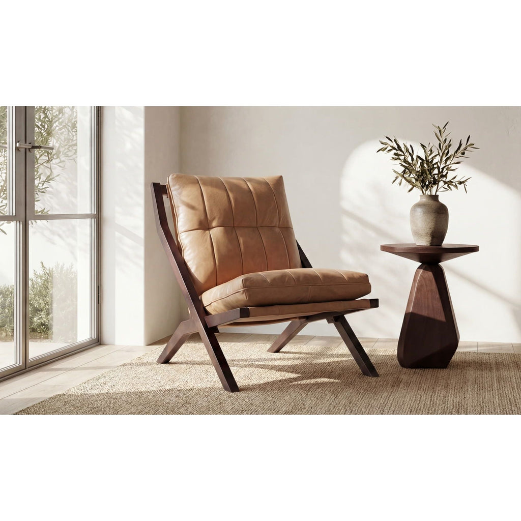 Fauteuil d'appoint en cuir et bois de style Mid-Century avec structure en bois massif pour salon