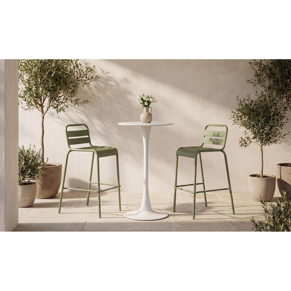 Table de bar d'extérieur moderne en métal blanc avec plateau rond pour patio et jardin