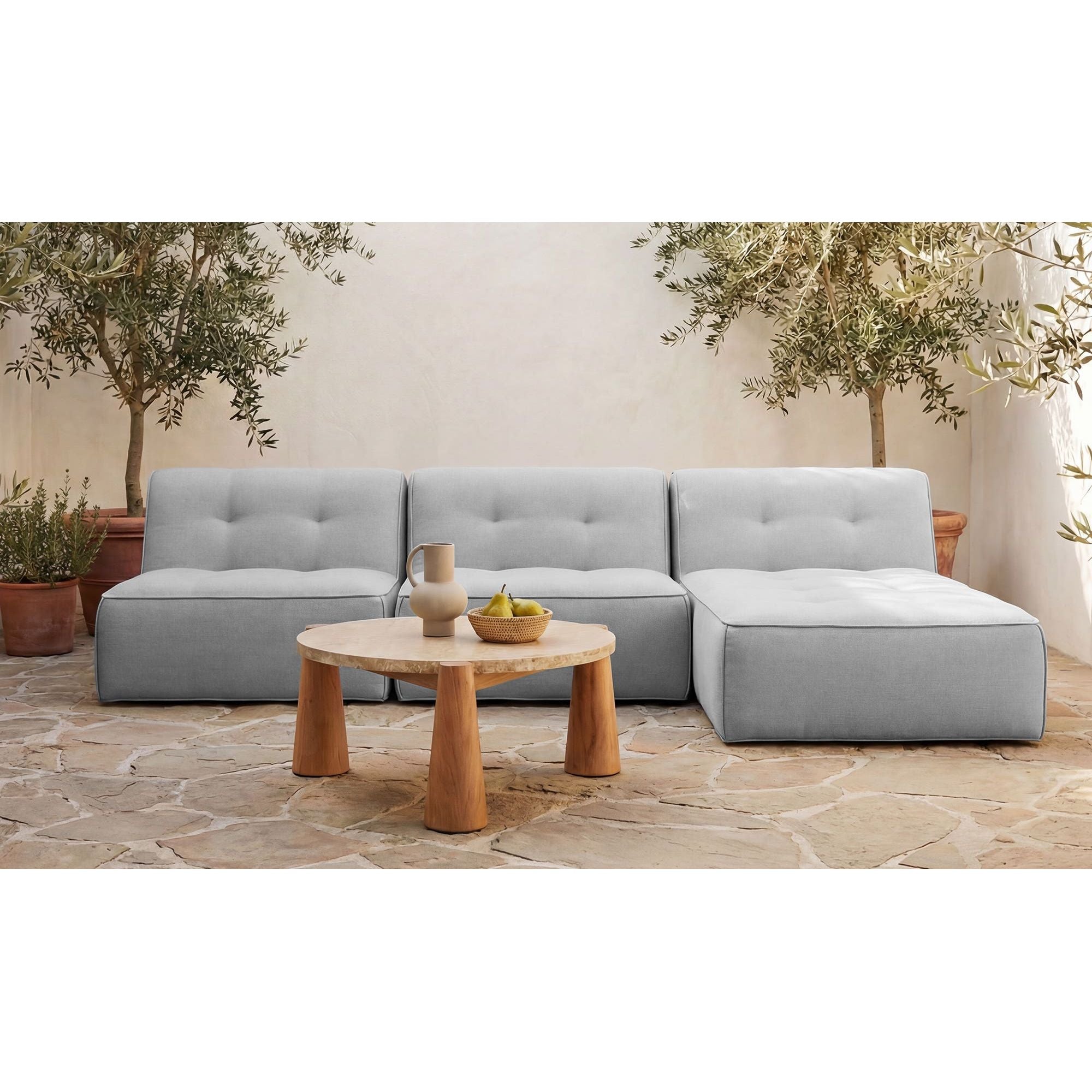 Table basse d'extérieur en bois naturel et pierre avec plateau rond pour patio et jardin