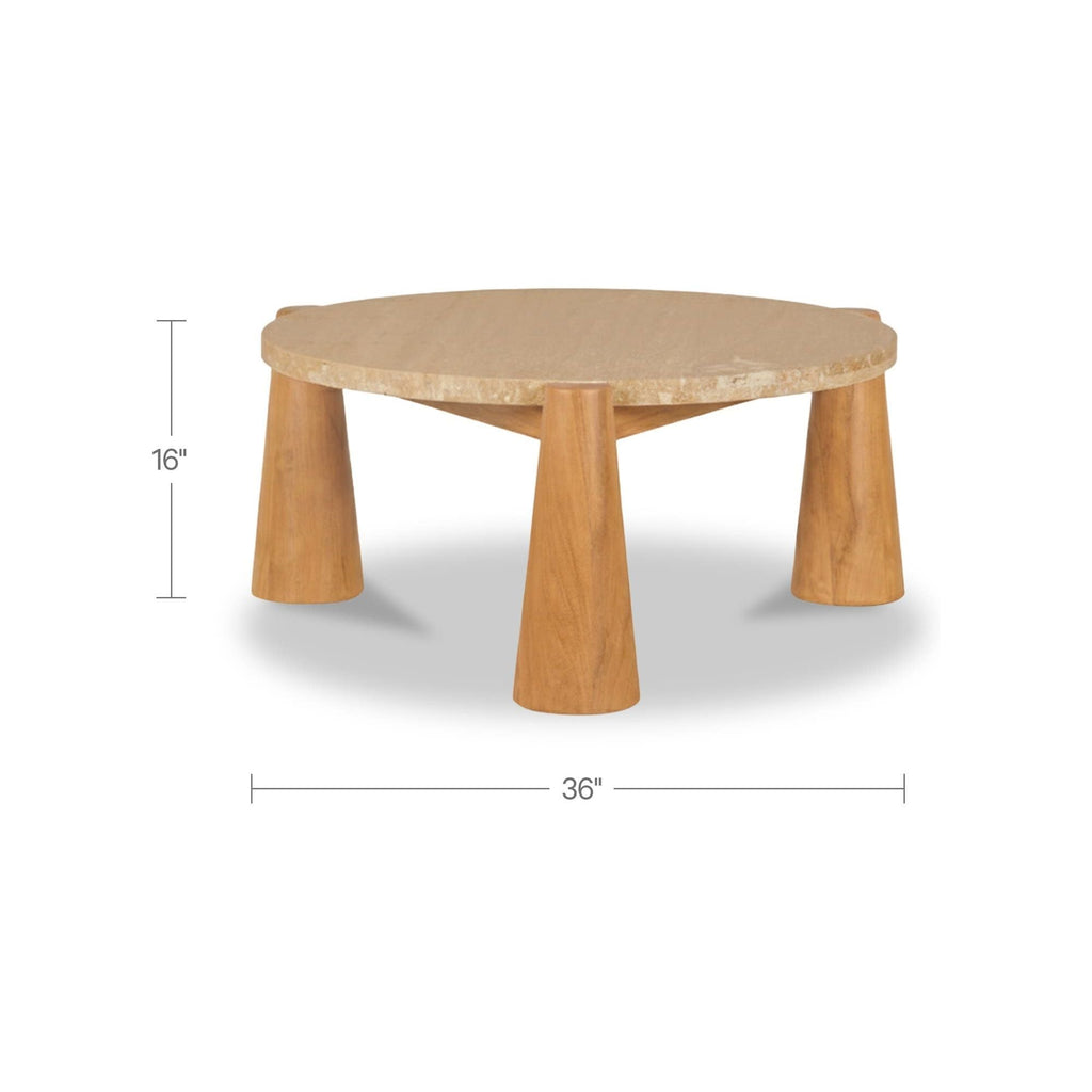 Table basse d'extérieur en bois naturel et pierre avec plateau rond pour patio et jardin