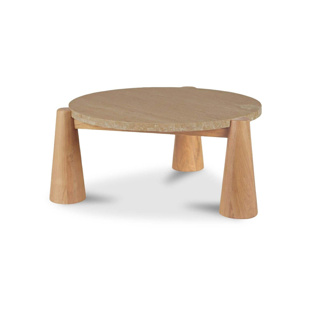 Table basse d'extérieur en bois naturel et pierre avec plateau rond pour patio et jardin