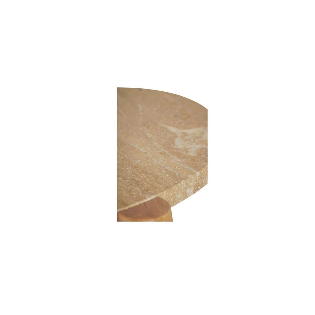 Table basse d'extérieur en bois naturel et pierre avec plateau rond pour patio et jardin