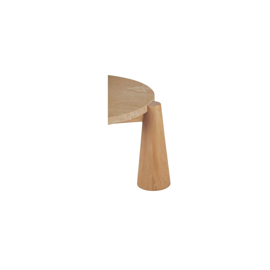 Table basse d'extérieur en bois naturel et pierre avec plateau rond pour patio et jardin