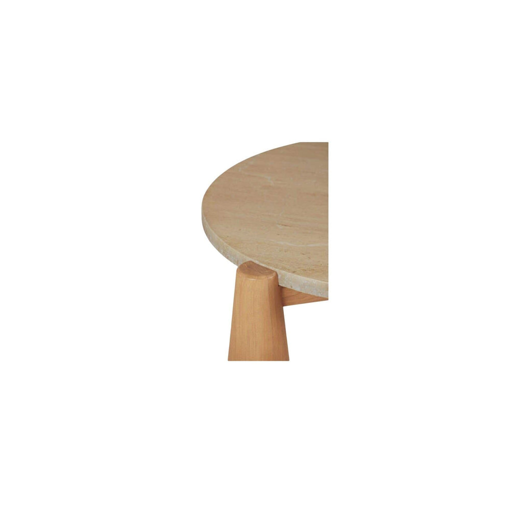 Table basse d'extérieur en bois naturel et pierre avec plateau rond pour patio et jardin