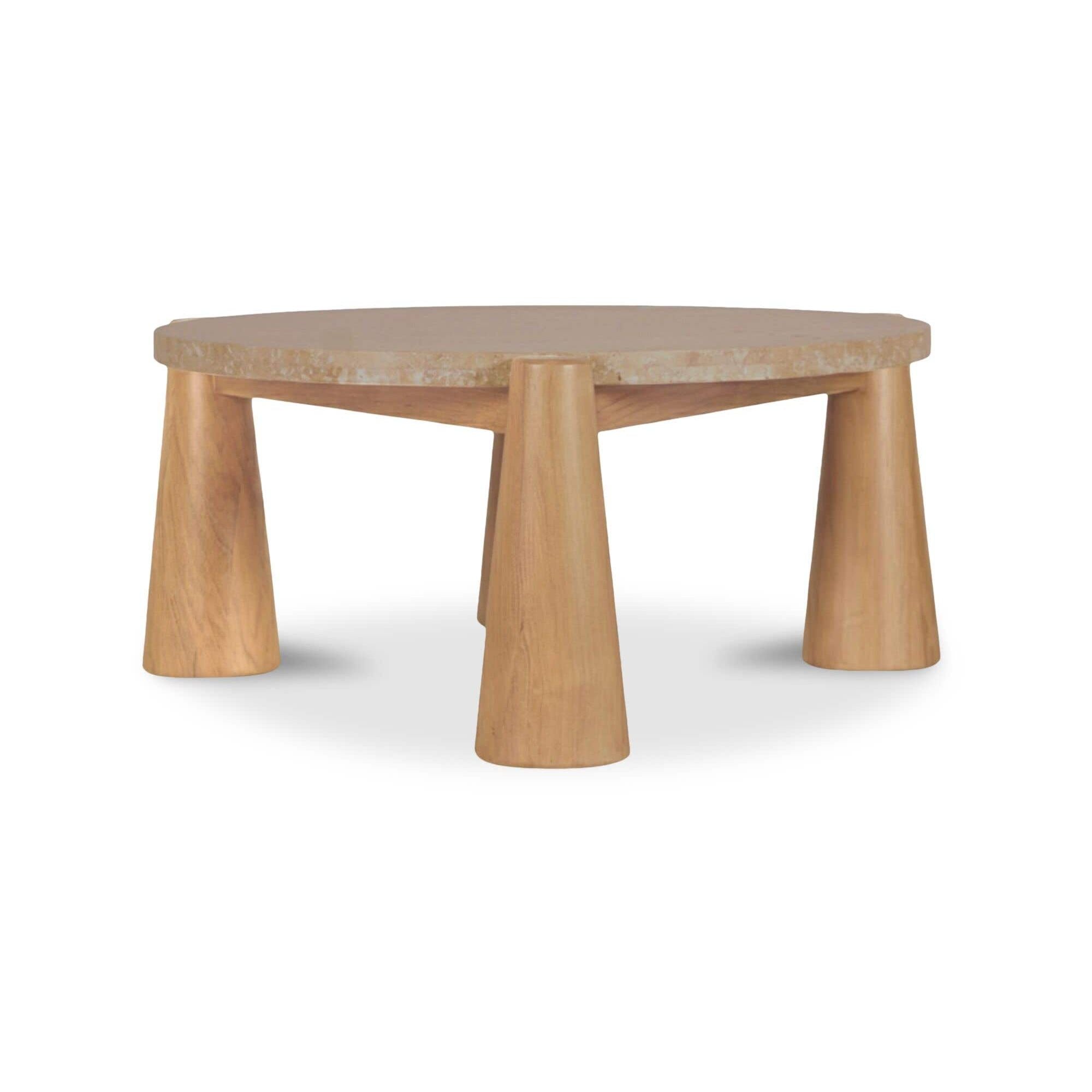 Table basse d'extérieur en bois naturel et pierre avec plateau rond pour patio et jardin