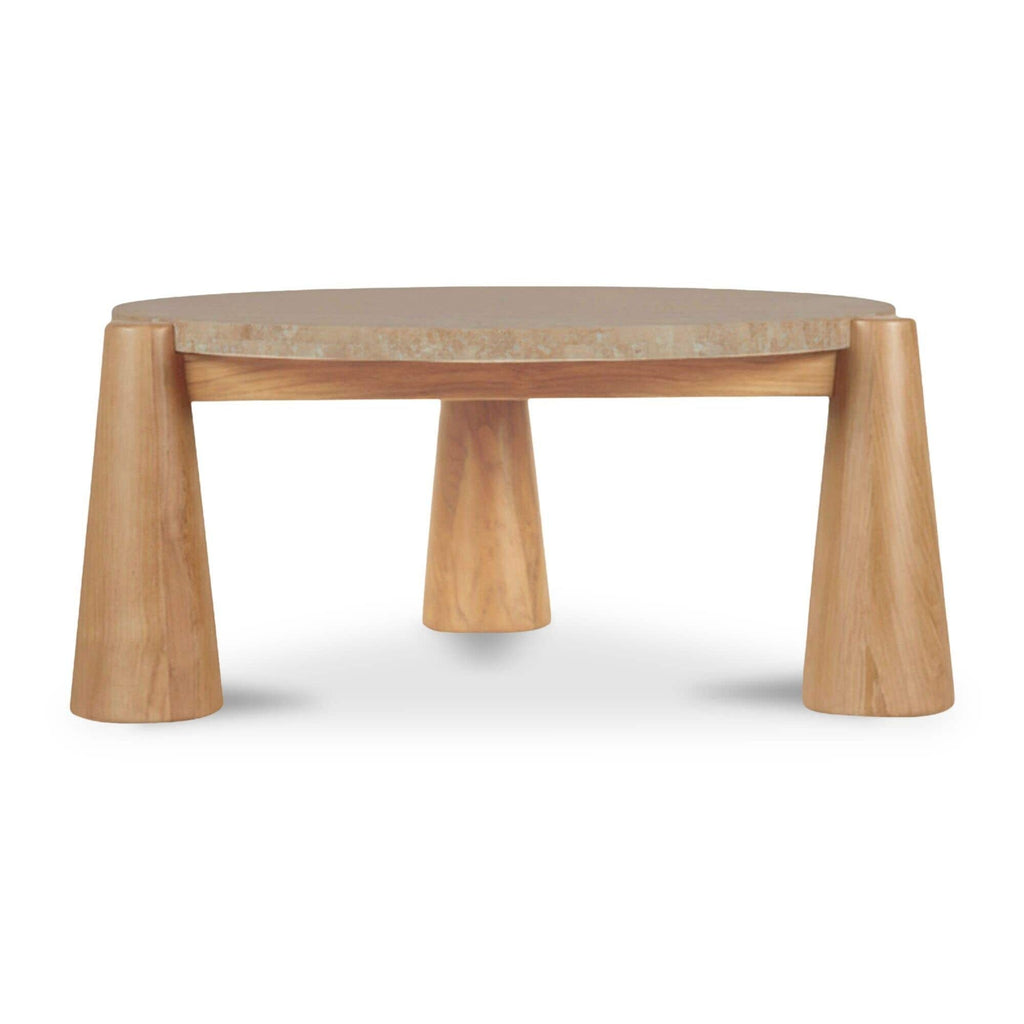 Table basse d'extérieur en bois naturel et pierre avec plateau rond pour patio et jardin