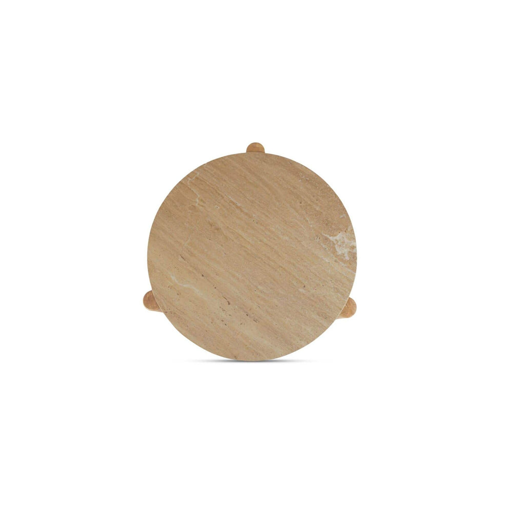 Table basse d'extérieur en bois naturel et pierre avec plateau rond pour patio et jardin