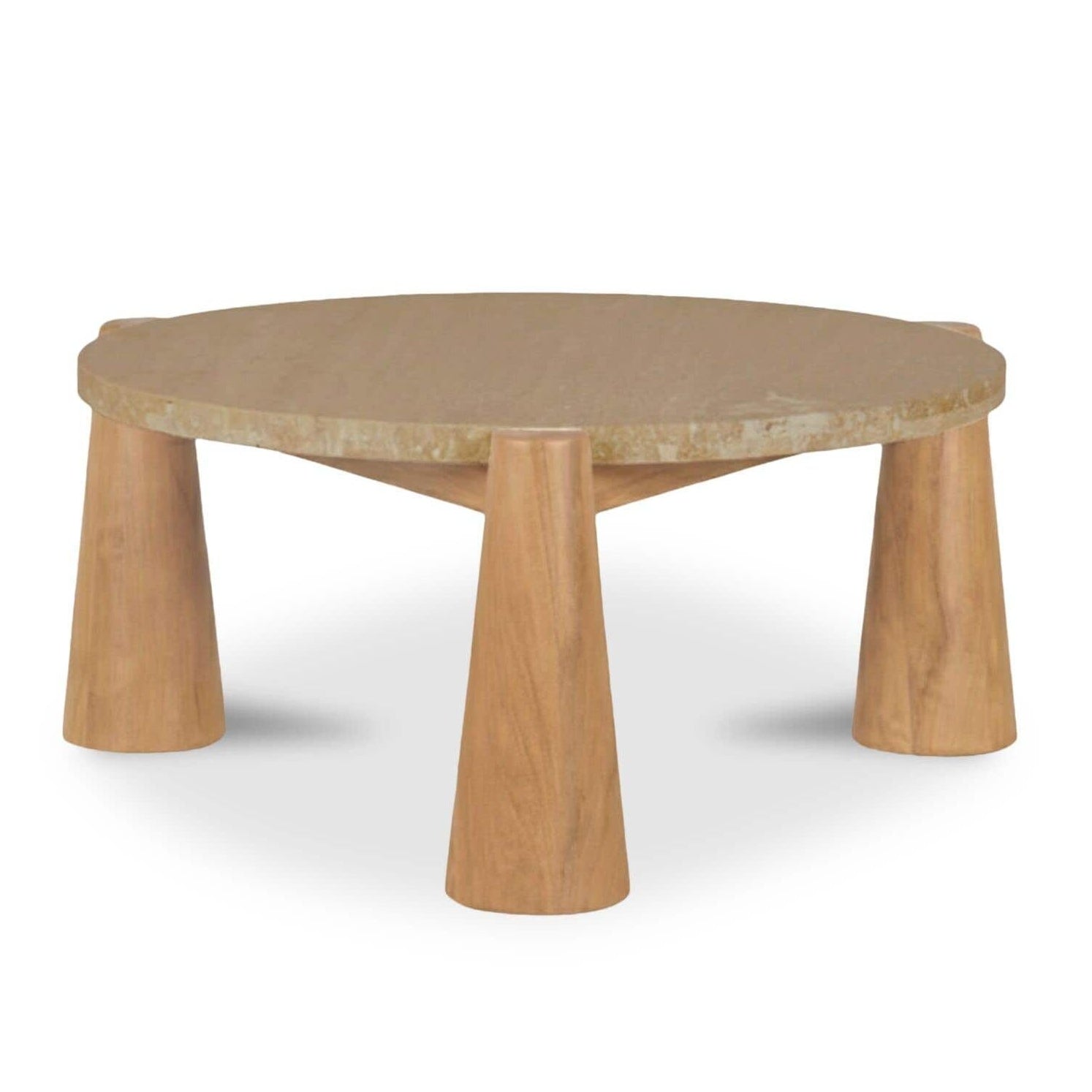 Table basse d'extérieur en bois naturel et pierre avec plateau rond pour patio et jardin